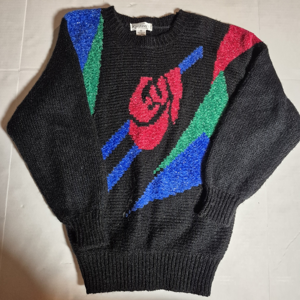 Vintage 80s Abstract Graphic Colorblock‎ Knit Sweater Black Retro Small